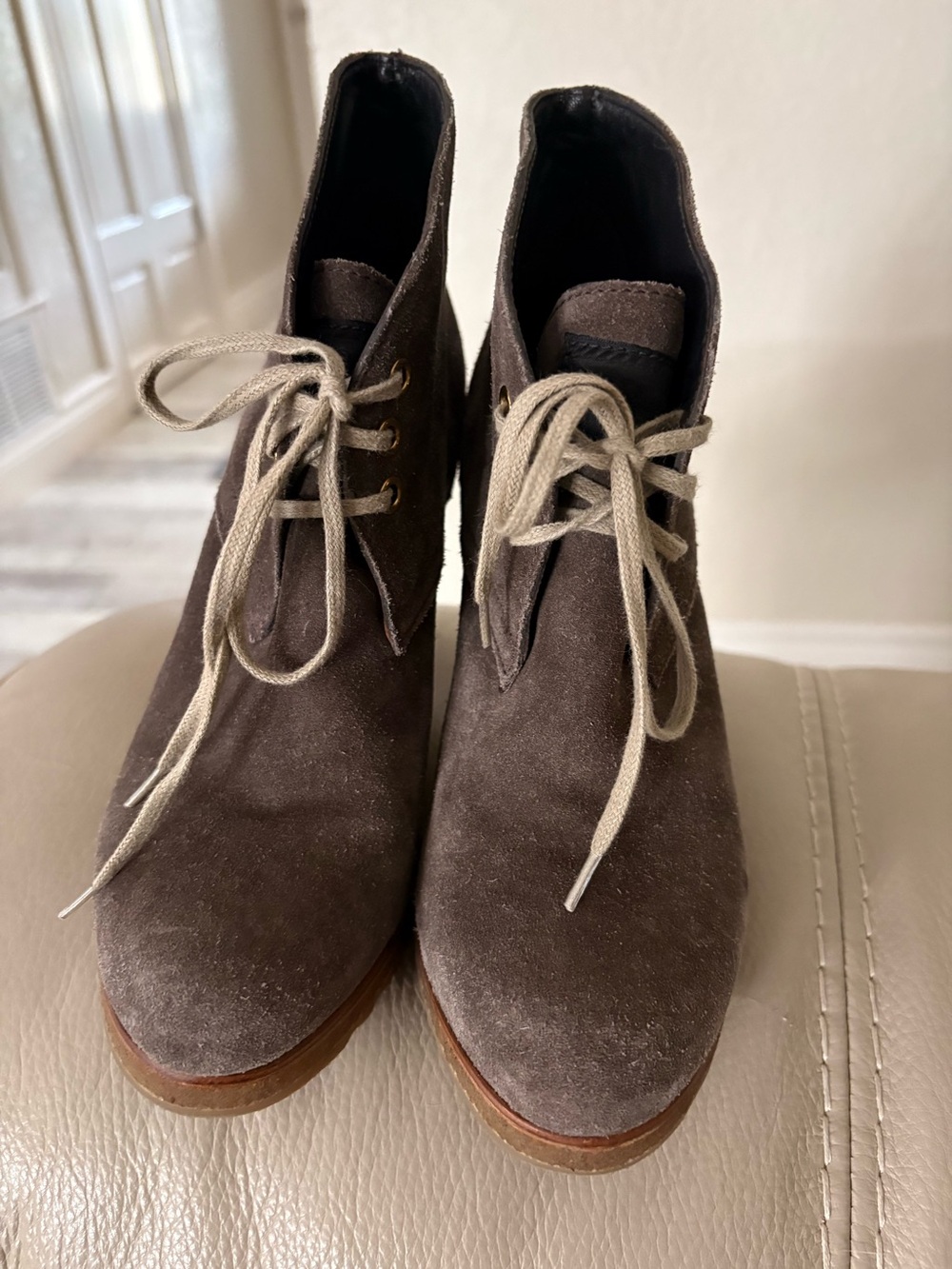 Prada Taupe Suede Lace-Up Heeled Boots with Rubber Lug Sole size 5